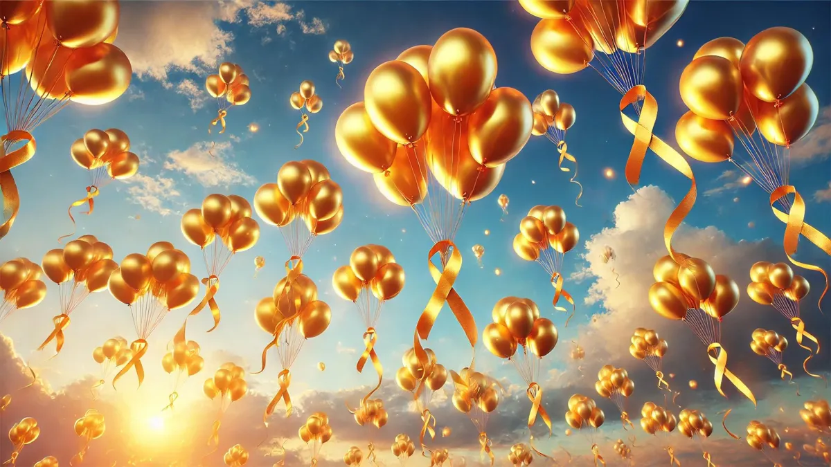 Golden Balloons rise in sky
