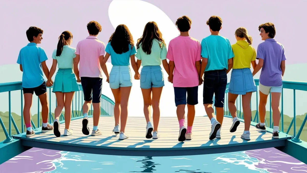 young people holding hands on a bridge